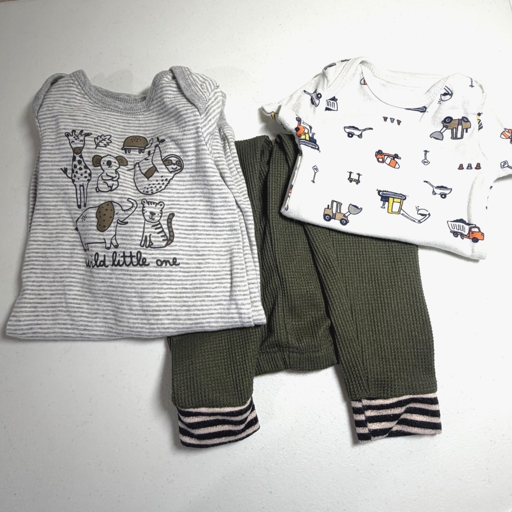 Carters Baby Bodysuit Lot & Dreamwear Pants 3M NB 18M Animal Construction Olive - Picture 1 of 11